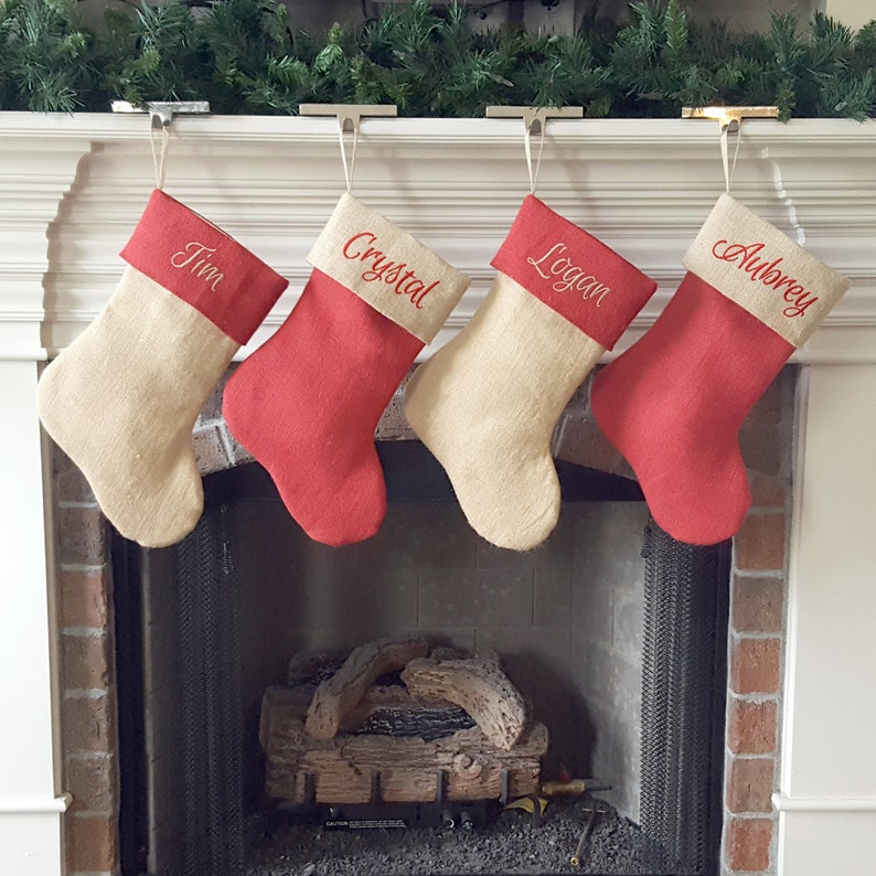 Christmas Stocking. Personalized Christmas Stocking. Natural Burlap and Red Burlap Christmas Stockings, Christmas Stockings. 1 Stocking image 2