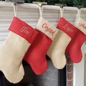 Christmas Stocking. Personalized Christmas Stocking. Natural Burlap and Red Burlap Christmas Stockings, Christmas Stockings. 1 Stocking image 3
