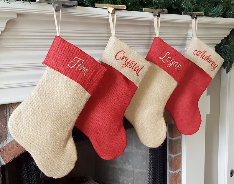 Christmas Stocking. Personalized Christmas Stocking. Natural Burlap and Red Burlap Christmas Stockings, Christmas Stockings. 1 Stocking image 3