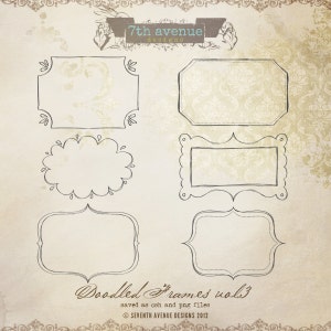 May include: Set of six hand-drawn doodle frames in black on a beige background. The frames are in various shapes, including a rectangle, oval, and square. The text "Doodled Frames vol.3" is written in cursive at the bottom of the image.