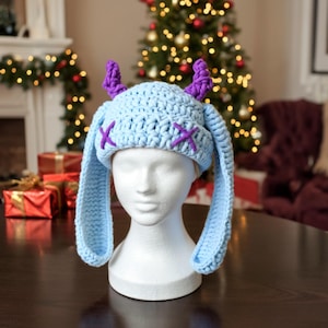 Bonnet au crochet avec oreilles de lapin pour adultes, bonnet de lapin tricoté avec oreilles, joli chapeau de lapin pour les festivals, bonnet cosplay corne de diable, chapeau de style alternatif
