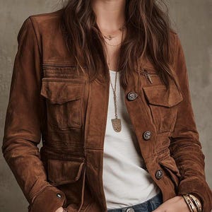 May include: A brown suede jacket with multiple pockets and button fastenings. The jacket is worn over a white top and blue jeans. Gold necklaces and bracelets are visible. The jacket has a classic, utilitarian design.
