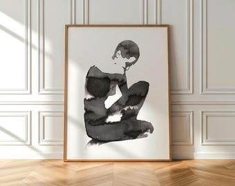 Impresión artística de figura emocional, descarga digital minimalista/decoración de pared abstracta, hogar moderno, silueta de tinta