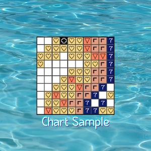 May include: A square cross-stitch pattern chart featuring a grid of symbols including hearts, triangles, and right angles in shades of yellow, peach, and dark blue. The text Chart Sample is printed in white below the grid on a blue water background.