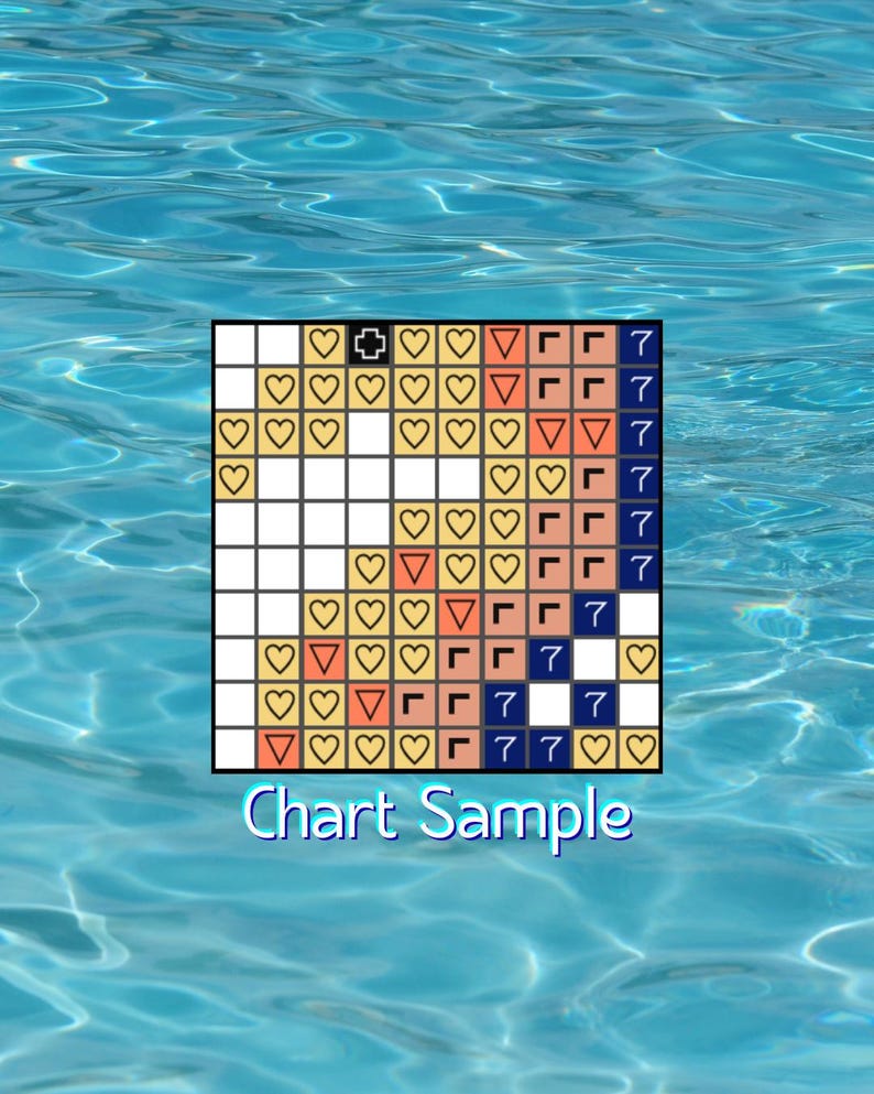 May include: A square cross-stitch pattern chart featuring a grid of symbols including hearts, triangles, and right angles in shades of yellow, peach, and dark blue. The text Chart Sample is printed in white below the grid on a blue water background.