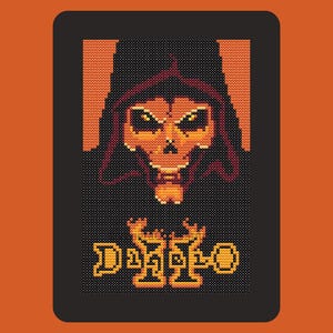 May include: A pixelated image of a skull-like figure with a dark hood and the word "Diablo" in orange. The design is on a black rectangle with rounded corners, set against an orange background.