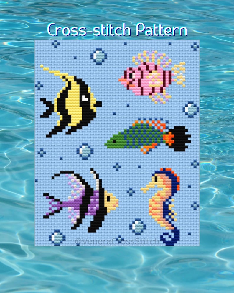May include: A cross-stitch pattern featuring five colourful sea creatures on a light blue grid background. The design includes a yellow and black angelfish, a pink fish, a green and blue fish, a purple and black fish, and a yellow and orange seahorse.