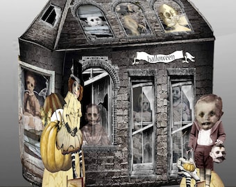 printable steampunk Halloween ghost haunted house large 3d haunted house glue on window page and stand up characters to complete the decor