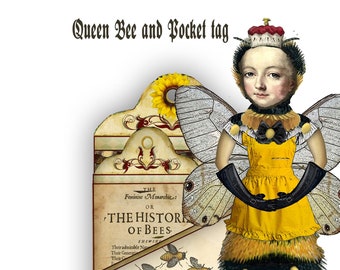 printable Bee paper doll with tag and pocket Queen bee great for journals and scrapbook and gifts for Mother's day Diy project clip art doll