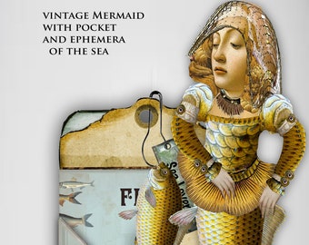 printable Mermaid with pocket and ephemera collection of collage images for scrapbook or junk journal page pockets and tags and art doll