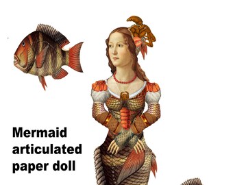 Printable Mermaid fairy paper doll of the sea, Nautical art articulated paper doll from the sea Puppet collection of collage sheets DIY doll