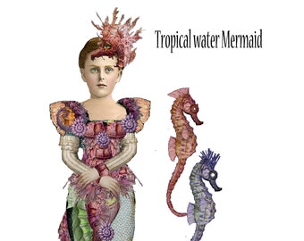 printable Mermaid paper doll collage sheet Tropical Queen beautiful design use in shadow boxes scrapbooks junk journals and just for display