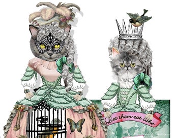 Printable Marie Antoinette kitty paper dolls collage sheet craft project with pocket and accessories for journaling and scrapbook art DIY