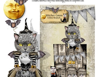 printable Halloween gothic Kitty paper doll with pocket and ephemera to use for scrapbook pages and junk journaling craft DIY  halloween