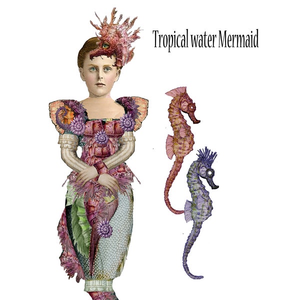 printable Mermaid paper doll collage sheet Tropical Queen beautiful design use in shadow boxes scrapbooks junk journals and just for display