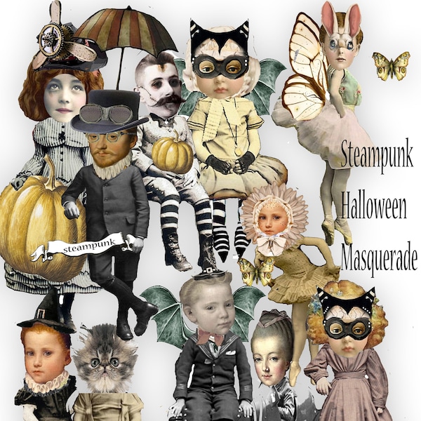 printable steampunk halloween paper doll collection mix and match masquerade collage set ephemera for scrapbook junk journal craft projects