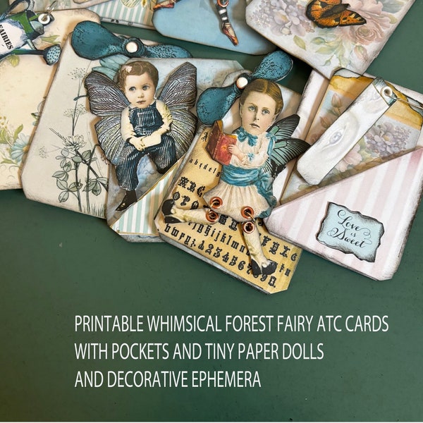 Printable woodland  whimsical Fairy dolls ATC 2.5x3.5 cards collages ephemera tiny pockets and tags for a DIY project card making  DIY craft