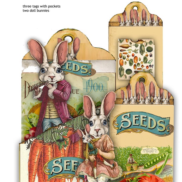 printable bunny doll pocket tag with bunny paper dolls tags  and ephemera including mini pocket collage sheet victorian springtime journal