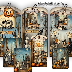 May include: A collection of Halloween Woodland folk art loaded tags featuring illustrations of skeletons, animals in costumes, pumpkins, and forest scenes. The tags include text labels such as Halloween Woods, WOODS, HAUNT, and PUMPKIN, all attached with black hooks.