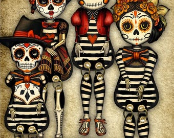 Può includere: Quattro bambole di carta con volti a teschio dipinti in stile sugar skull, che indossano abiti a righe bianche e nere con accenti arancioni. Le bambole hanno arti articolati collegati da occhielli metallici. Testo: Great Halloween decor, paper doll Skeleton mix and match easy design endless designs, 17,78 cm una volta assemblate.