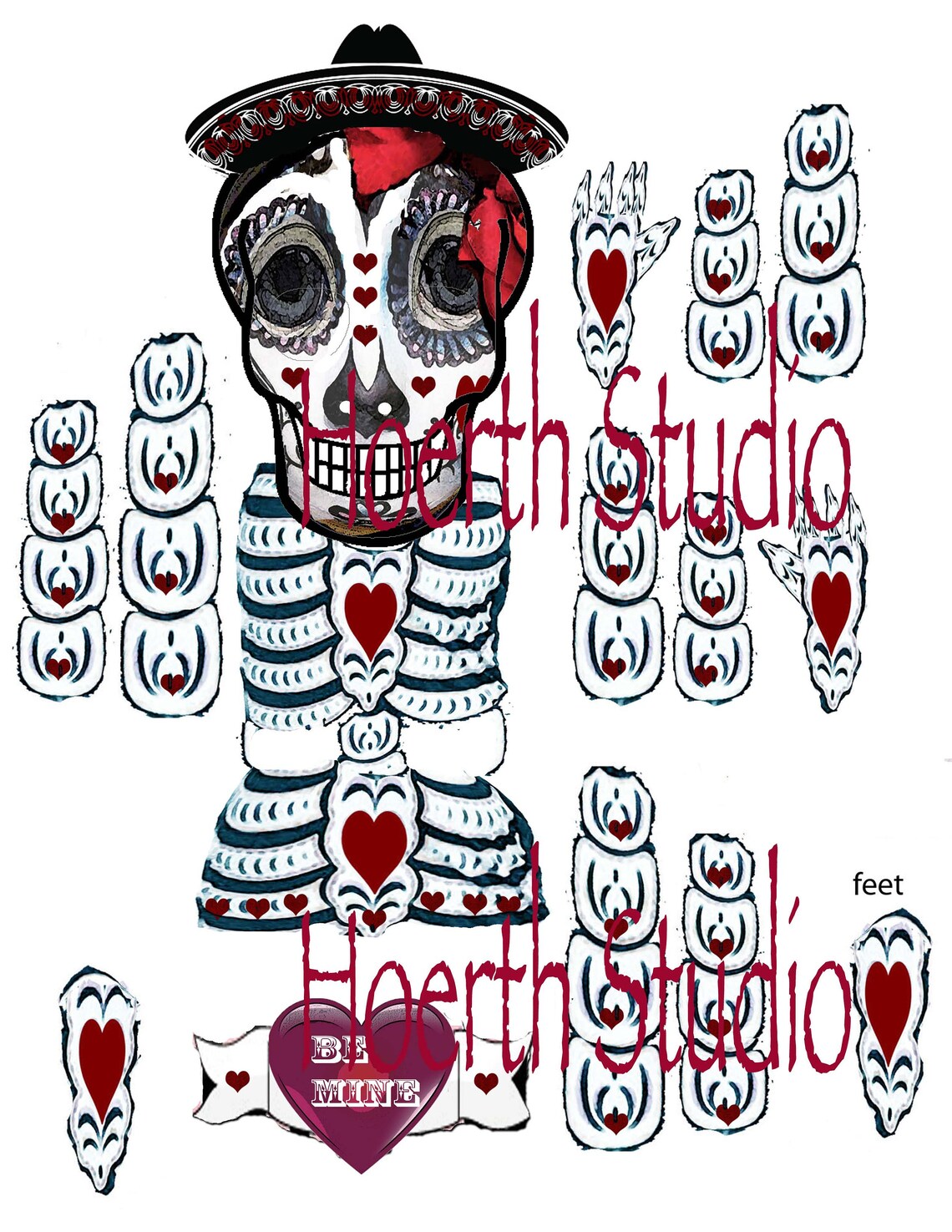 Valentine's day printable skeleton articulated sugar skull | Etsy