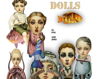 Puede incluir: Collage digital con varias muñecas caprichosas con temática marina. La imagen incluye un niño con un paraguas, una mujer con cola de pez y una muñeca con cara de cangrejo. Las palabras "SEA DOLLS" se muestran en una fuente beige.