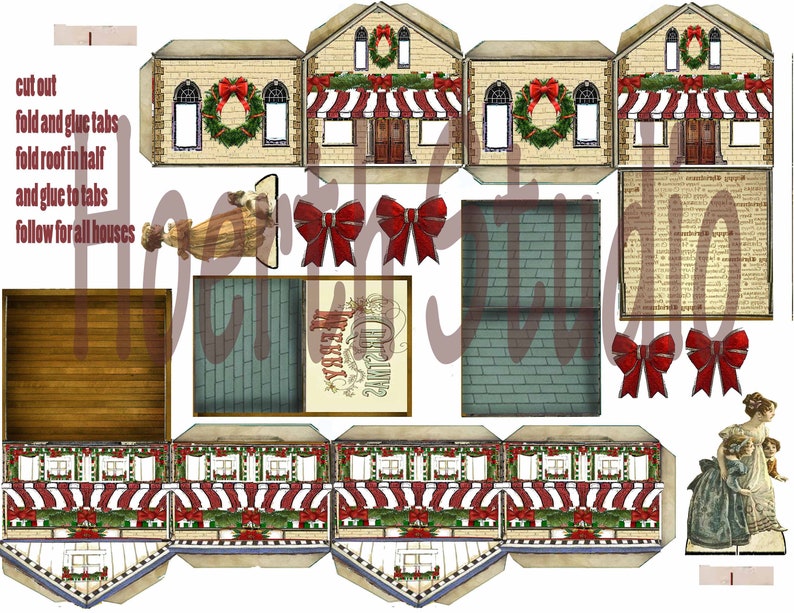 printable victorian paper miniature houses christmas village with villagers and ephemera craft project instant download