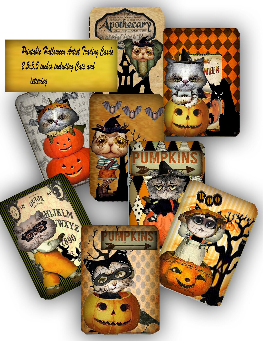 Printable Halloween Artist Trading Cards Cat Clip Art Journaling Card