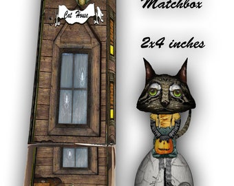 printable halloween haunted matchbox miniature cat house  box  whimsical alley cat and ephemera use for candies or for cute miniature house