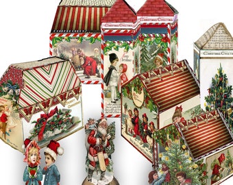 printable christmas village Victorian paper houses and clock tower includes tiny figures downloadable files craft project collage sheets