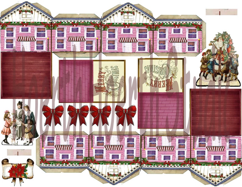 printable victorian paper miniature houses christmas village with villagers and ephemera craft project instant download