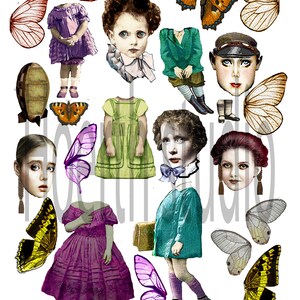 May include: A collage of vintage illustrations featuring children's clothing, butterfly wings, and antique portraits. The colour palette includes shades of purple, green, yellow, and brown. The image has a whimsical, antique aesthetic.
