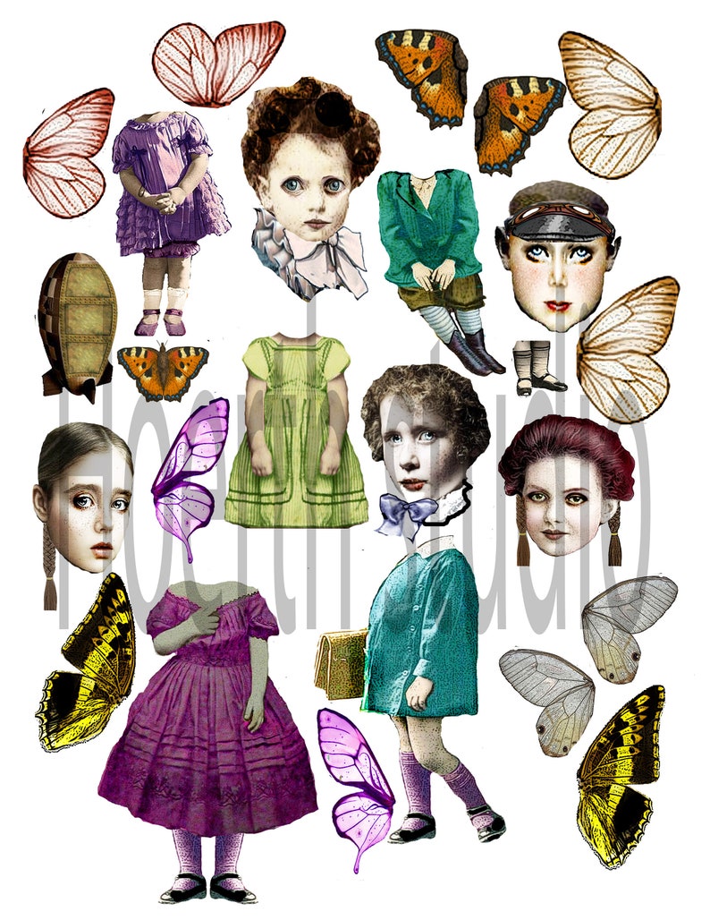 May include: A collage of vintage illustrations featuring children's clothing, butterfly wings, and antique portraits. The colour palette includes shades of purple, green, yellow, and brown. The image has a whimsical, antique aesthetic.