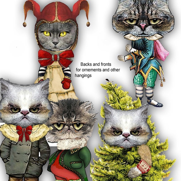 printable Christmas kitty  mix and match Santa's helpers for the tree, junk journals ephemera collage double sided moody cats for gift tags