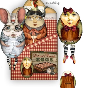 May include: A collection of whimsical egg dolls with dangle legs, featuring various characters like a rabbit, a rooster, and others. The dolls have detailed faces, clothing, and accessories, set against a red and white checkered background. The image includes the text "Farm Fresh EGGS".