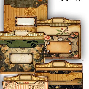 May include: Five printable mini tab folders with a vintage aged wallpaper design. The folders feature various patterns, including floral, striped, and damask, in shades of beige, brown, green, and black. Each folder has a label area for customization.
