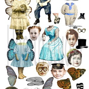 May include: A collection of vintage illustrations featuring children's clothing, butterfly wings, and a banner with the text "TEA TIME." The images are in various colours, including blue, yellow, and brown.