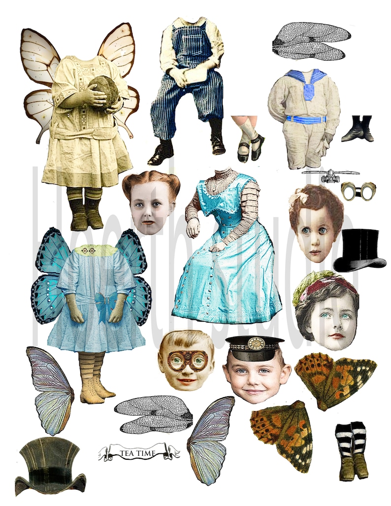 May include: A collection of vintage illustrations featuring children's clothing, butterfly wings, and a banner with the text "TEA TIME." The images are in various colours, including blue, yellow, and brown.