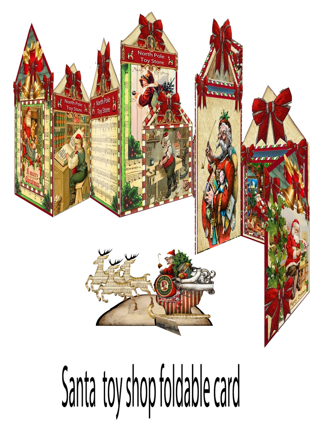 Christmas Printable Victorian Santa's Workshop Card Foldable Accordion ...