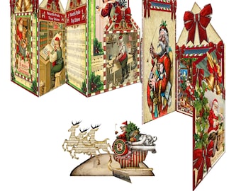 christmas printable victorian  santa's workshop card foldable accordion style for craft projects scrapbook pages ephemera christmas decor