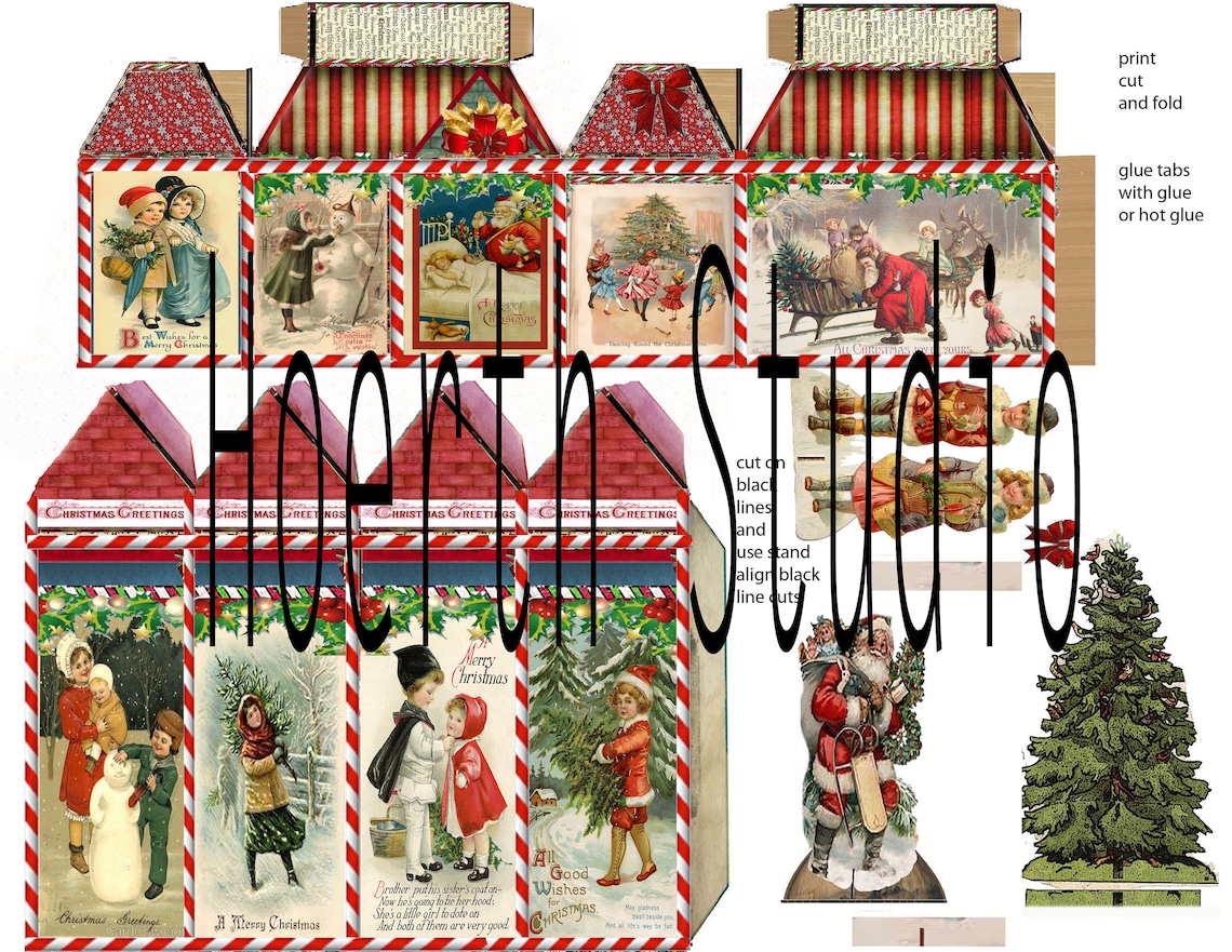 Printable Christmas Village Victorian Paper Houses and Clock | Etsy