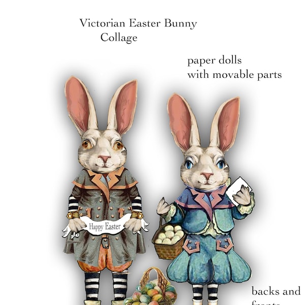 printable victorian Easter Bunny paper dolls collage ephemera sheet great for journals, cards, articulated dolls for may uses back and front