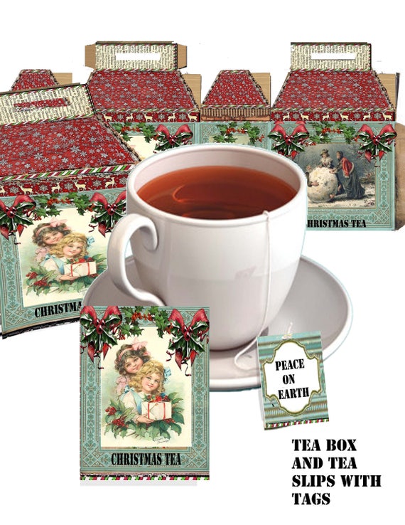 Printable victorian christmas Tea time bag slips, tags and tea box