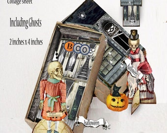 printable matchbox haunted house miniature skeleton craft project with gothic macabre style victorian ghosts skeletons great for Halloween