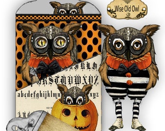 three Halloween whimsical owls with pocket for cards journaling and junk journals collage and scrapbook ephemera kit paper doll collage DIY