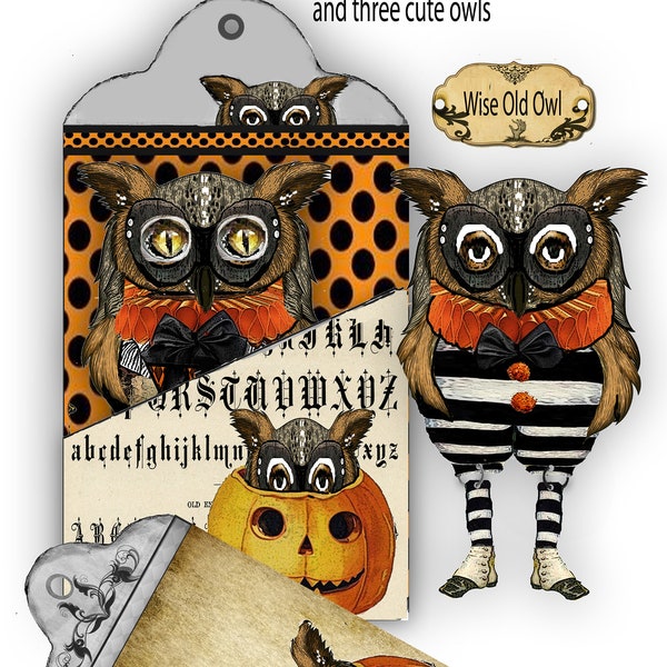 three Halloween whimsical owls with pocket for cards journaling and junk journals collage and scrapbook ephemera kit paper doll collage DIY