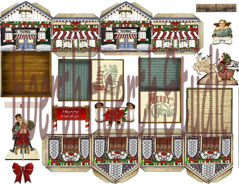 printable victorian paper miniature houses christmas village with villagers and ephemera craft project instant download