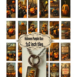 May include: A collection of Halloween-themed 1x2 inch tiles featuring vintage illustrations of a pumpkin race. The artwork includes images of pumpkin carriages, racers, and signs that read "Great Pumpkin Race".