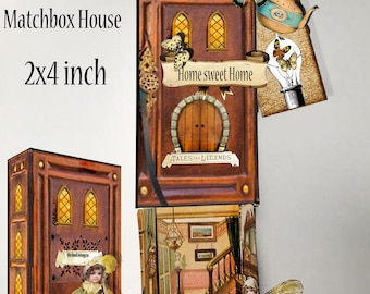 minature printable fairy matchbox in the image of an old book, two  fairies and  clip art for fairy matchbox house 2x4 inches completed