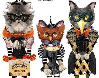 Halloween Kitty paper puppets collage sheets mix and match kitty ephemera steampunk victorian cats with style craft sheets DIY paper dolls